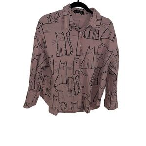 SHEIN 100% cotton pink cotton cat shirt button up L large